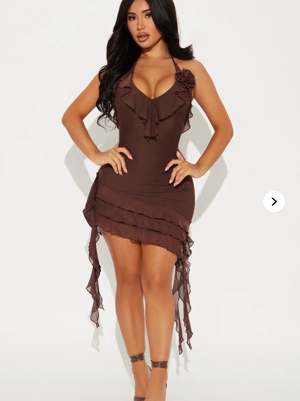 Fashion Nova Chocolate Brown Ruffled Halter Mini Dress